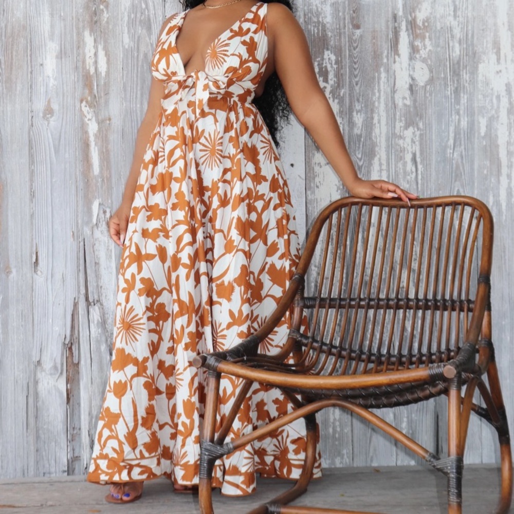 Cream and Brown Floral Maxi Dress